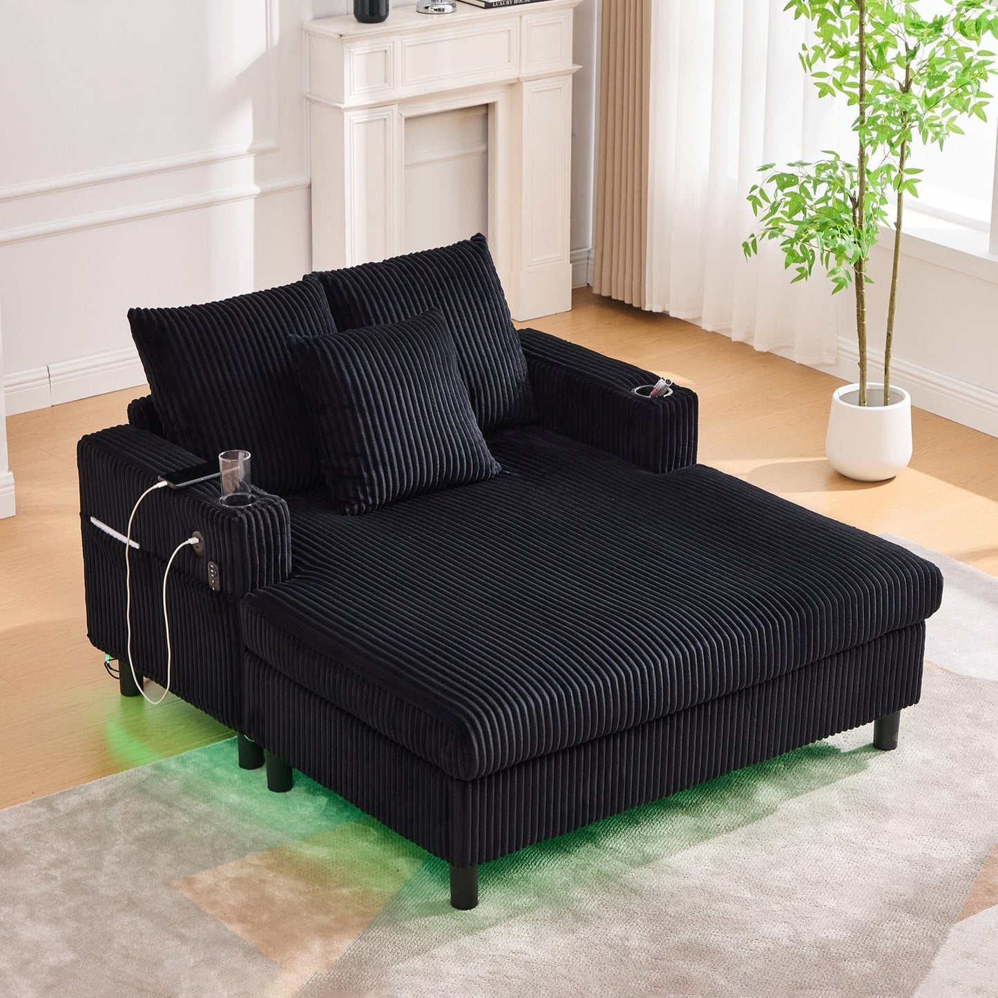 Canapé-lit inclinable surdimensionné HOMEFUN en velours côtelé avec éclairage LED RVB, porte-gobelet, port USB et 3 oreillers