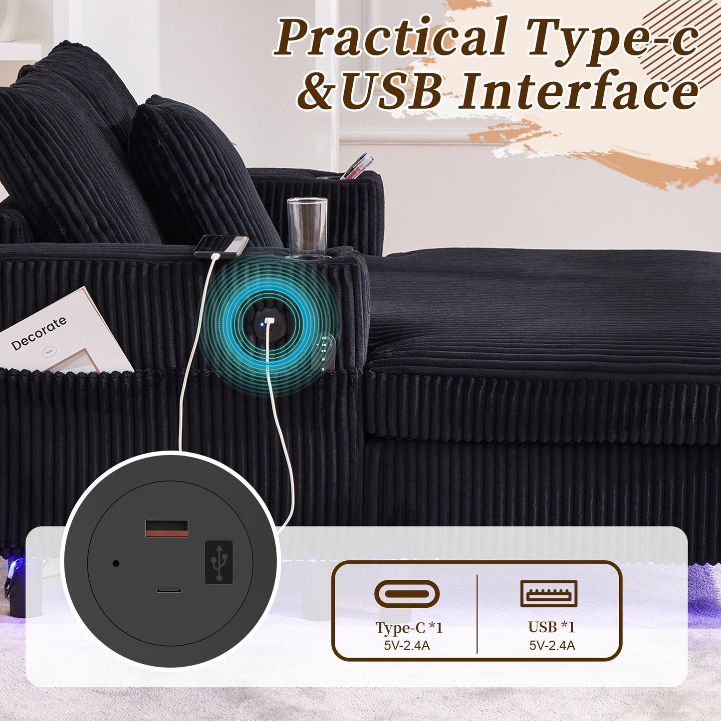 Canapé-lit inclinable surdimensionné HOMEFUN en velours côtelé avec éclairage LED RVB, porte-gobelet, port USB et 3 oreillers