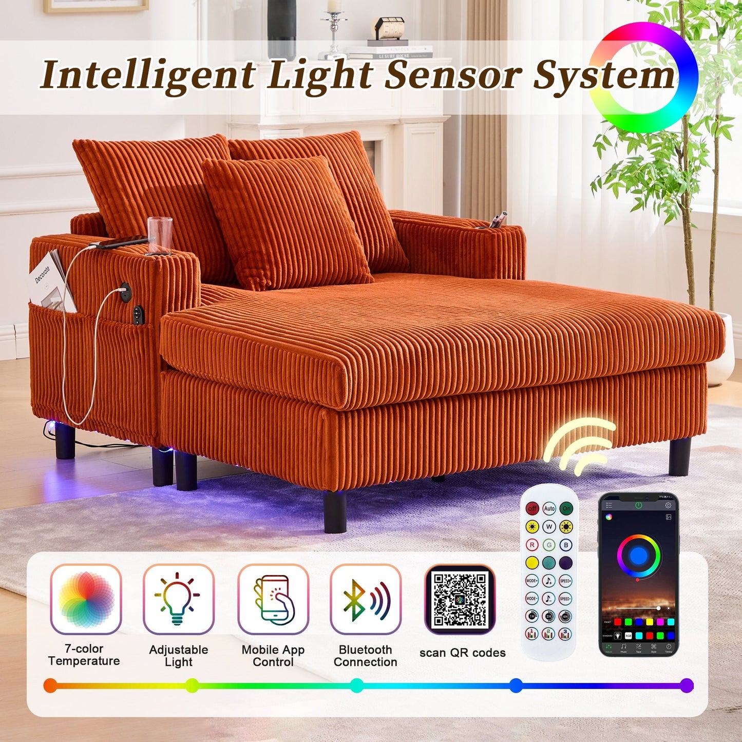 Canapé-lit inclinable surdimensionné HOMEFUN en velours côtelé avec éclairage LED RVB, porte-gobelet, port USB et 3 oreillers