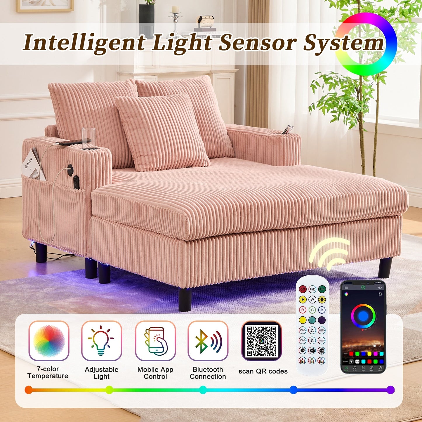 Canapé-lit inclinable surdimensionné HOMEFUN en velours côtelé avec éclairage LED RVB, porte-gobelet, port USB et 3 oreillers
