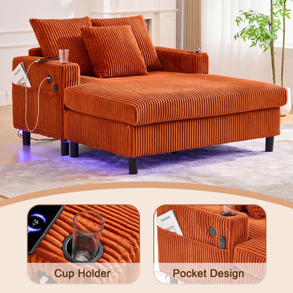 Canapé-lit inclinable surdimensionné HOMEFUN en velours côtelé avec éclairage LED RVB, porte-gobelet, port USB et 3 oreillers