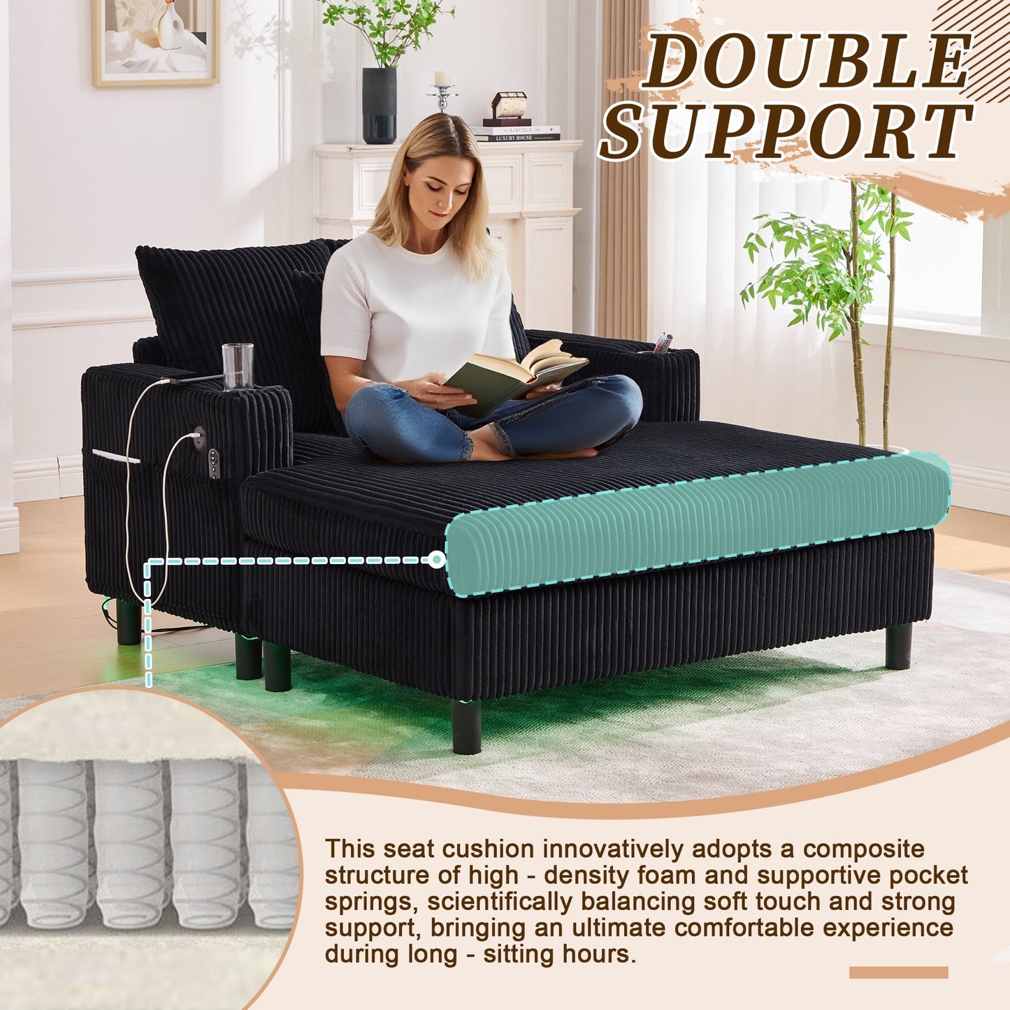 Canapé-lit inclinable surdimensionné HOMEFUN en velours côtelé avec éclairage LED RVB, porte-gobelet, port USB et 3 oreillers