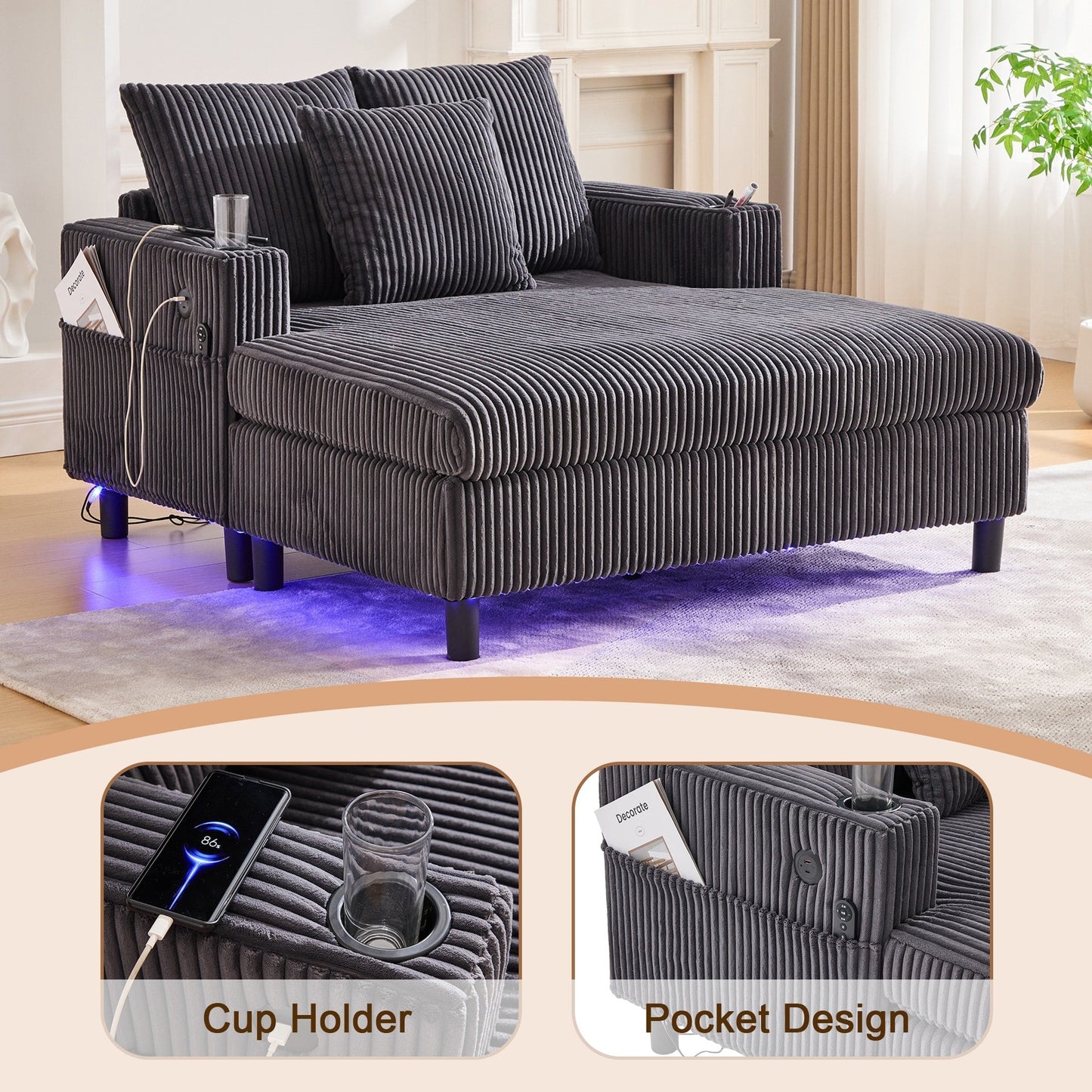 Canapé-lit inclinable surdimensionné HOMEFUN en velours côtelé avec éclairage LED RVB, porte-gobelet, port USB et 3 oreillers