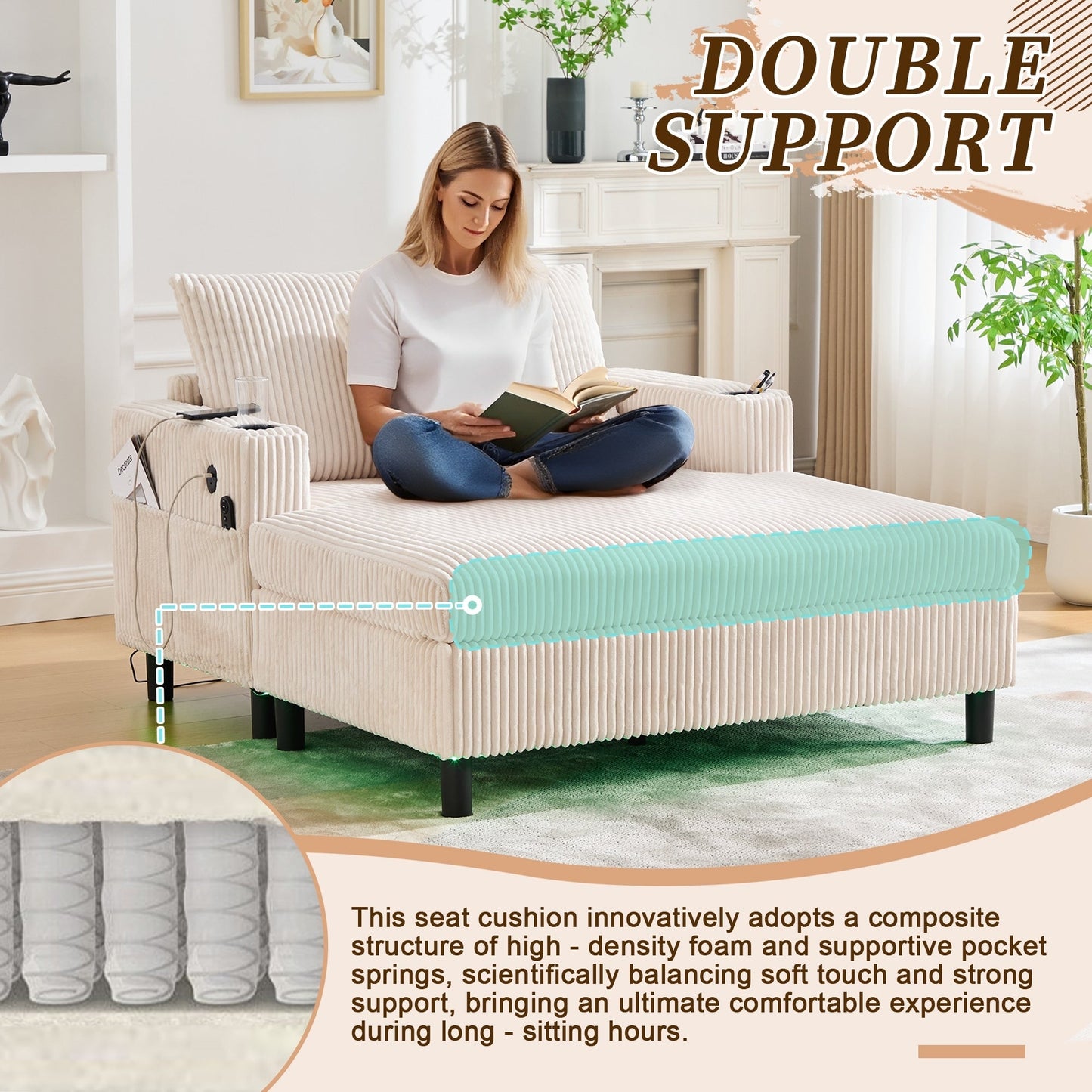 Canapé-lit inclinable surdimensionné HOMEFUN en velours côtelé avec éclairage LED RVB, porte-gobelet, port USB et 3 oreillers