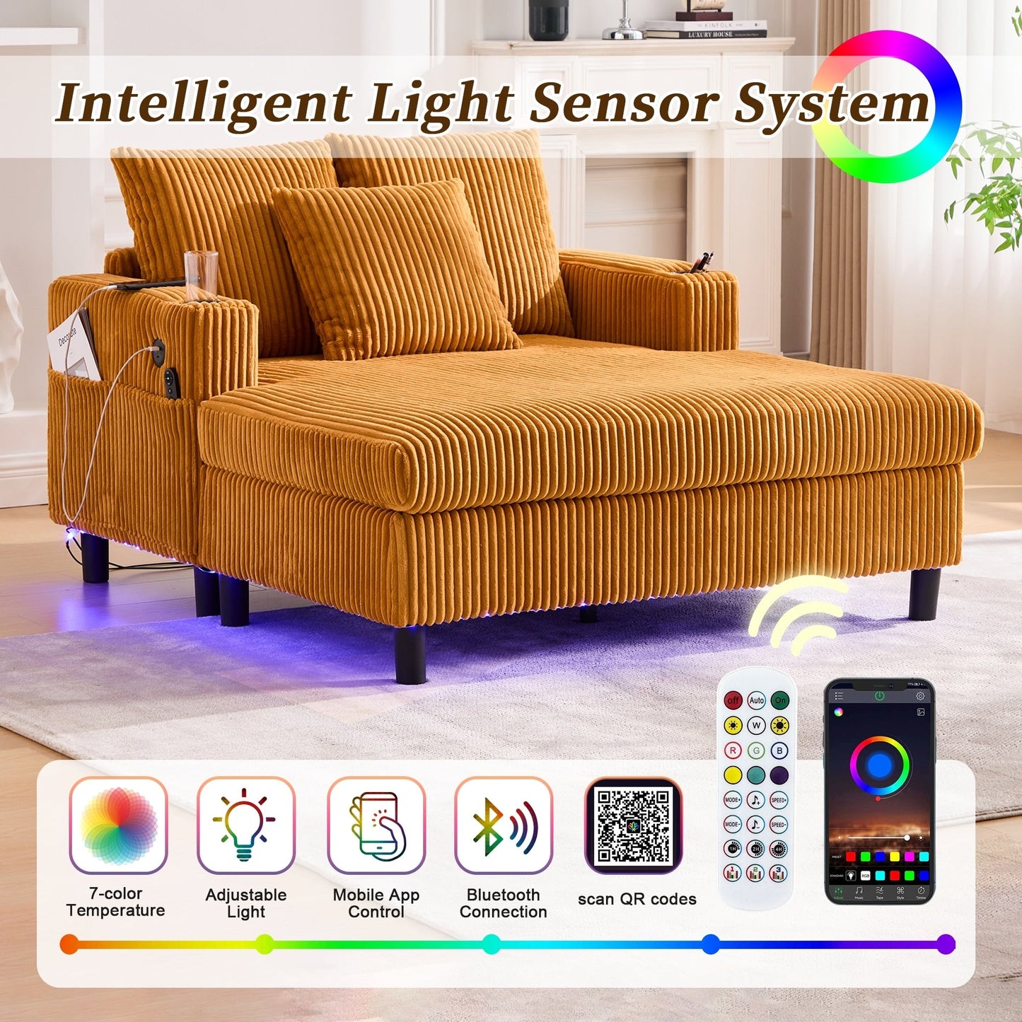 Canapé-lit inclinable surdimensionné HOMEFUN en velours côtelé avec éclairage LED RVB, porte-gobelet, port USB et 3 oreillers