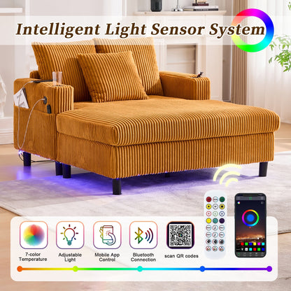 Canapé-lit inclinable surdimensionné HOMEFUN en velours côtelé avec éclairage LED RVB, porte-gobelet, port USB et 3 oreillers