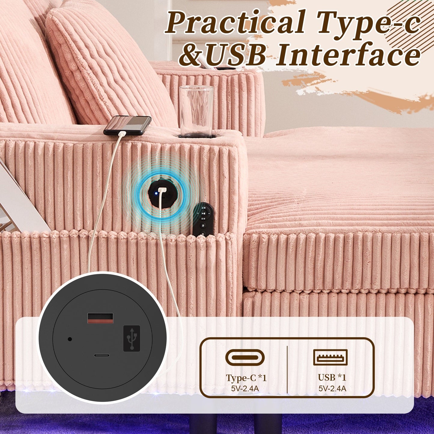 Canapé-lit inclinable surdimensionné HOMEFUN en velours côtelé avec éclairage LED RVB, porte-gobelet, port USB et 3 oreillers