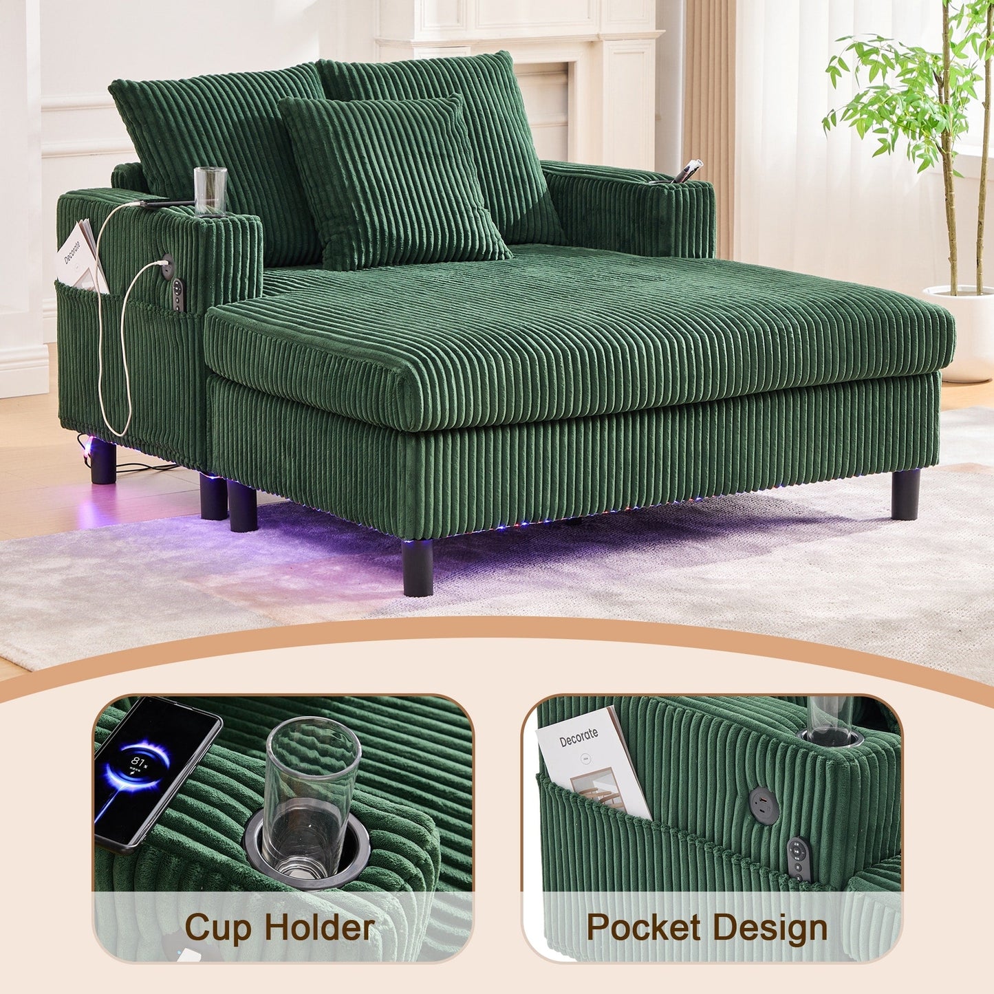 Canapé-lit inclinable surdimensionné HOMEFUN en velours côtelé avec éclairage LED RVB, porte-gobelet, port USB et 3 oreillers