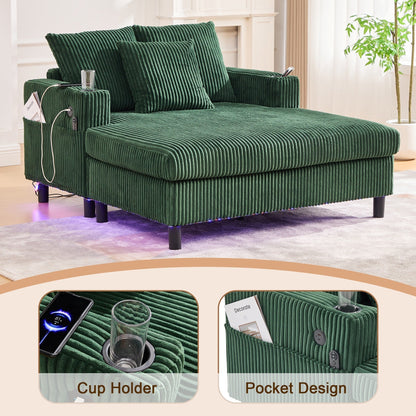 Canapé-lit inclinable surdimensionné HOMEFUN en velours côtelé avec éclairage LED RVB, porte-gobelet, port USB et 3 oreillers