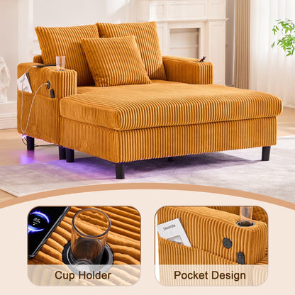 Canapé-lit inclinable surdimensionné HOMEFUN en velours côtelé avec éclairage LED RVB, porte-gobelet, port USB et 3 oreillers