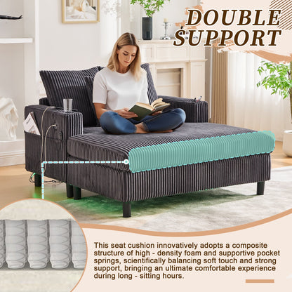 Canapé-lit inclinable surdimensionné HOMEFUN en velours côtelé avec éclairage LED RVB, porte-gobelet, port USB et 3 oreillers