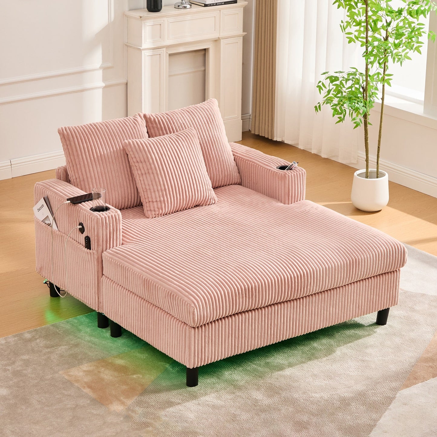 Canapé-lit inclinable surdimensionné HOMEFUN en velours côtelé avec éclairage LED RVB, porte-gobelet, port USB et 3 oreillers