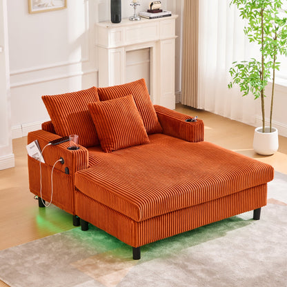 Canapé-lit inclinable surdimensionné HOMEFUN en velours côtelé avec éclairage LED RVB, porte-gobelet, port USB et 3 oreillers