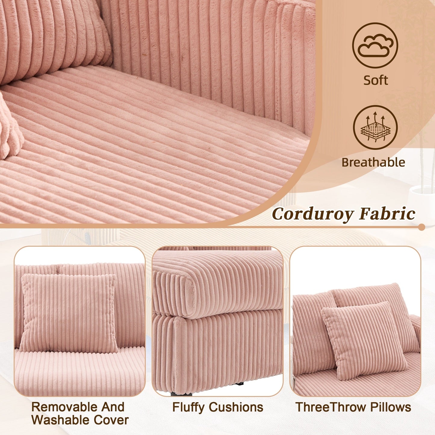Canapé-lit inclinable surdimensionné HOMEFUN en velours côtelé avec éclairage LED RVB, porte-gobelet, port USB et 3 oreillers