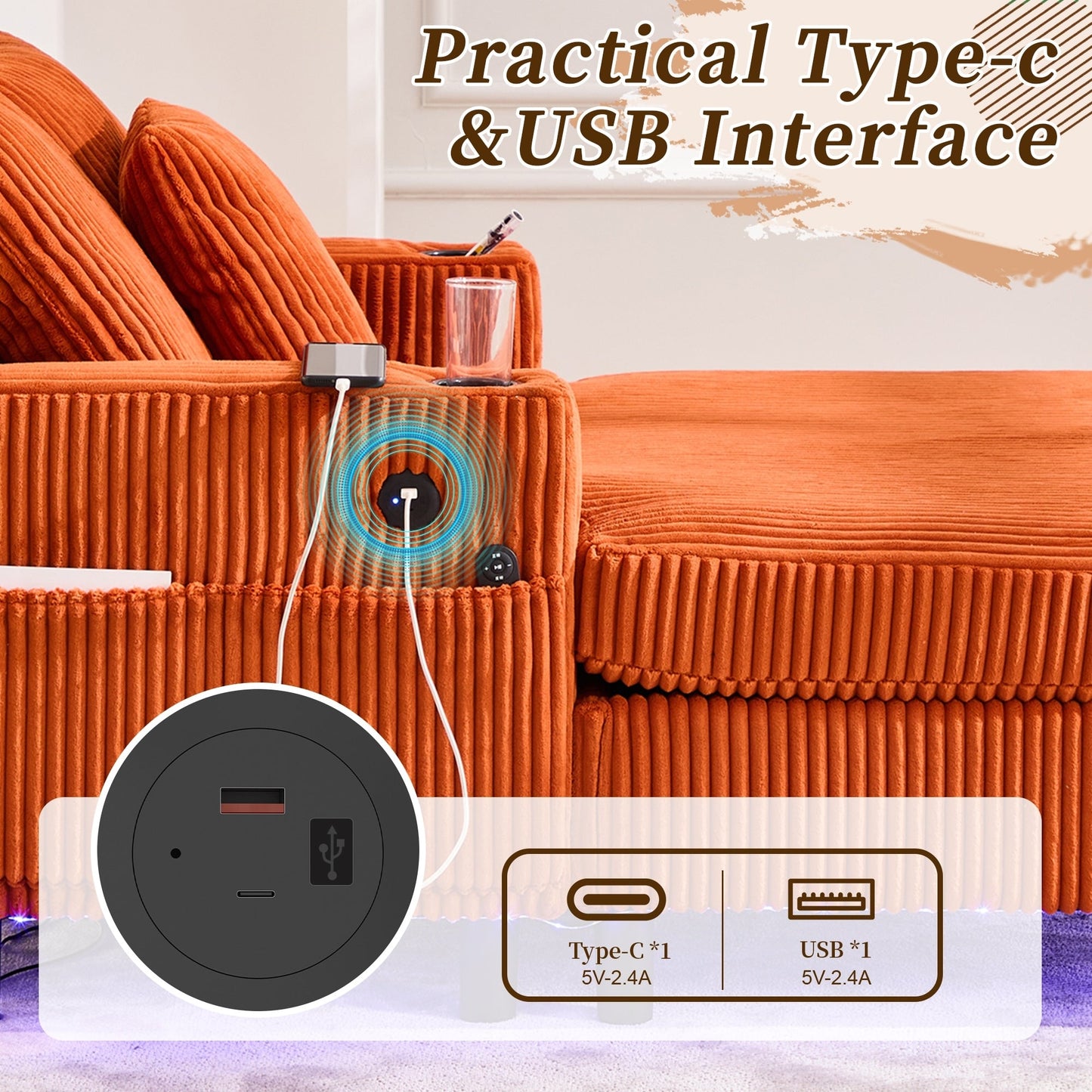 Canapé-lit inclinable surdimensionné HOMEFUN en velours côtelé avec éclairage LED RVB, porte-gobelet, port USB et 3 oreillers