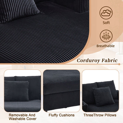 Canapé-lit inclinable surdimensionné HOMEFUN en velours côtelé avec éclairage LED RVB, porte-gobelet, port USB et 3 oreillers