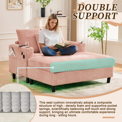 Canapé-lit inclinable surdimensionné HOMEFUN en velours côtelé avec éclairage LED RVB, porte-gobelet, port USB et 3 oreillers
