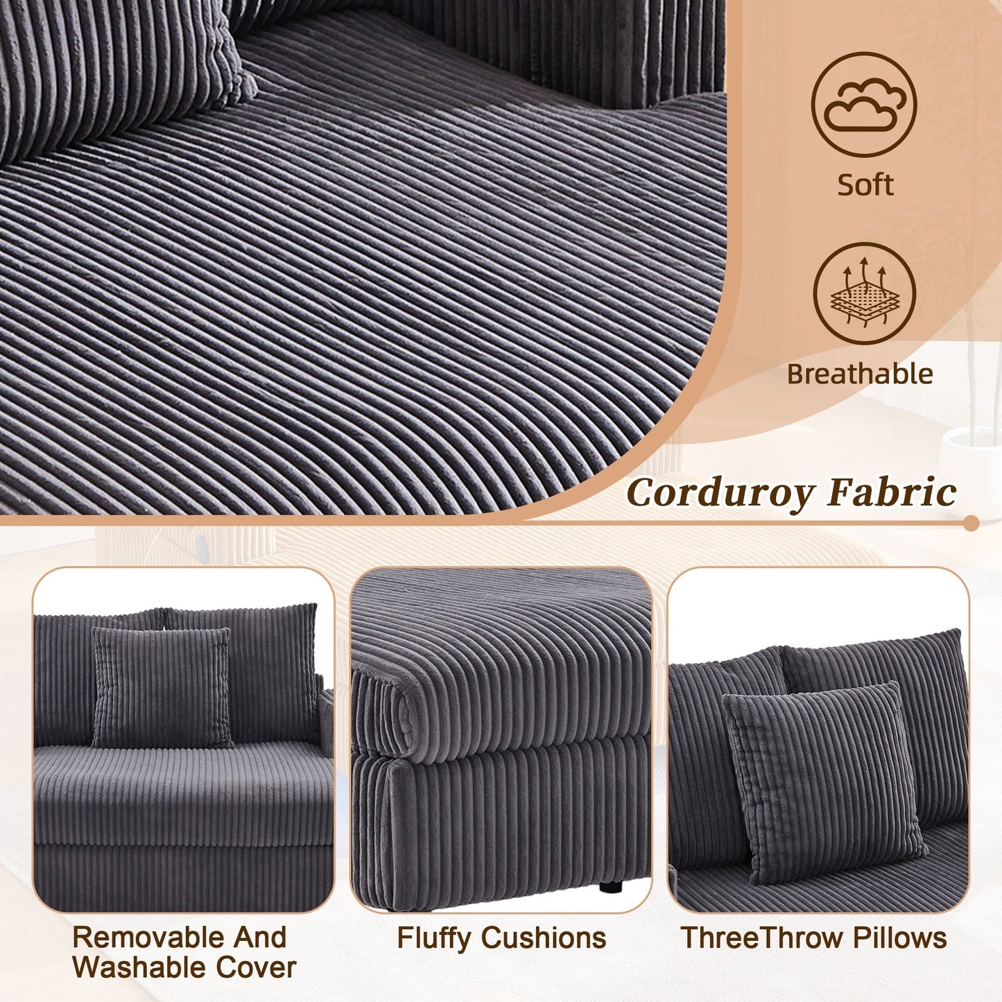 Canapé-lit inclinable surdimensionné HOMEFUN en velours côtelé avec éclairage LED RVB, porte-gobelet, port USB et 3 oreillers