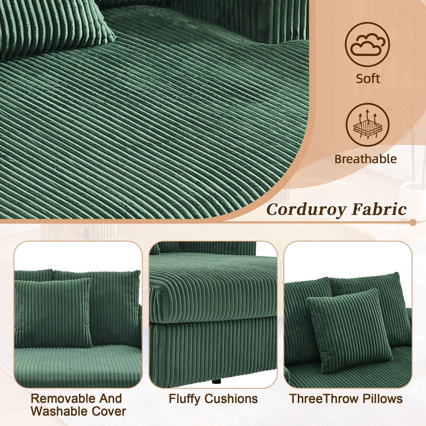 Canapé-lit inclinable surdimensionné HOMEFUN en velours côtelé avec éclairage LED RVB, porte-gobelet, port USB et 3 oreillers
