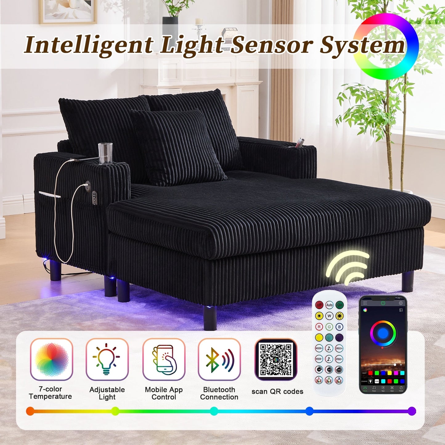 Canapé-lit inclinable surdimensionné HOMEFUN en velours côtelé avec éclairage LED RVB, porte-gobelet, port USB et 3 oreillers