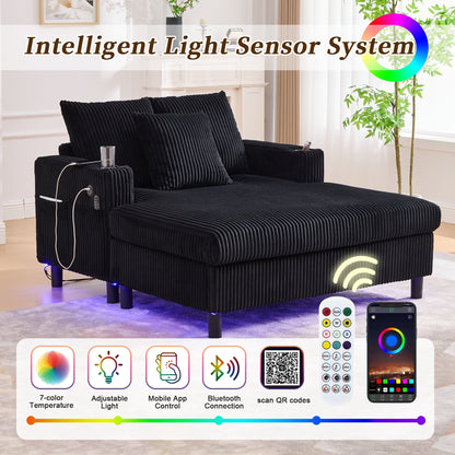 Canapé-lit inclinable surdimensionné HOMEFUN en velours côtelé avec éclairage LED RVB, porte-gobelet, port USB et 3 oreillers