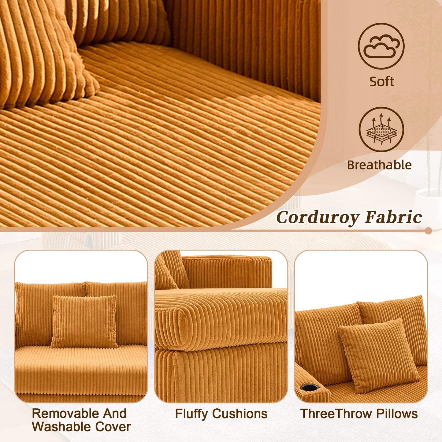 Canapé-lit inclinable surdimensionné HOMEFUN en velours côtelé avec éclairage LED RVB, porte-gobelet, port USB et 3 oreillers
