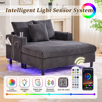 Canapé-lit inclinable surdimensionné HOMEFUN en velours côtelé avec éclairage LED RVB, porte-gobelet, port USB et 3 oreillers