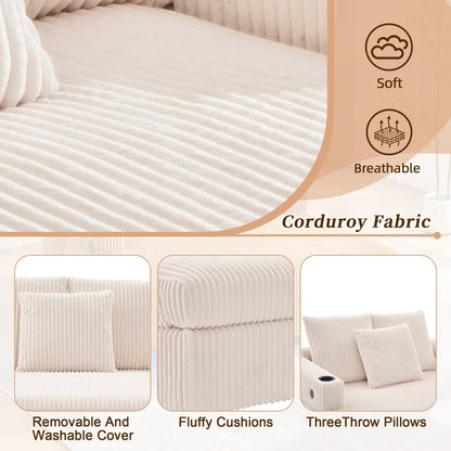 Canapé-lit inclinable surdimensionné HOMEFUN en velours côtelé avec éclairage LED RVB, porte-gobelet, port USB et 3 oreillers