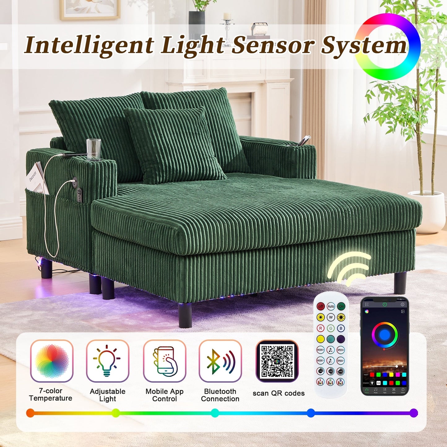Canapé-lit inclinable surdimensionné HOMEFUN en velours côtelé avec éclairage LED RVB, porte-gobelet, port USB et 3 oreillers