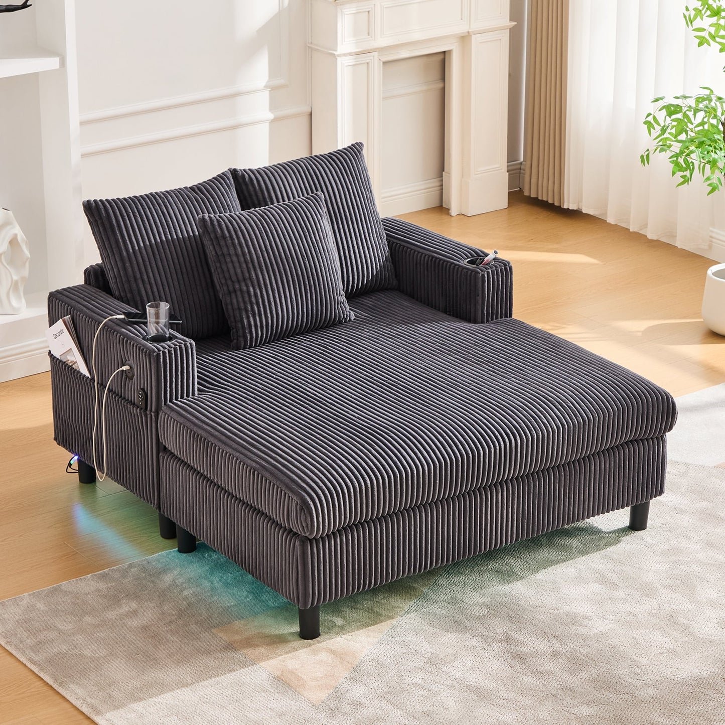 Canapé-lit inclinable surdimensionné HOMEFUN en velours côtelé avec éclairage LED RVB, porte-gobelet, port USB et 3 oreillers