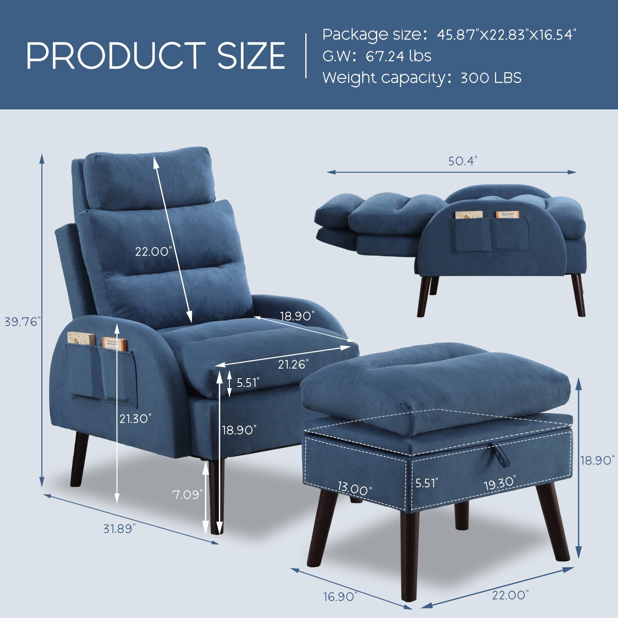 HOMYKA Accent Lounge Chair with Adjustable Backrest Storage Ottoman