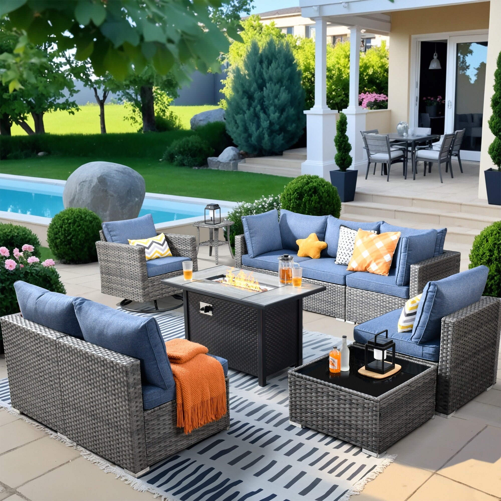 HOOOWOOO Ensemble de 10 canapés sectionnels en osier pour patio, pivotants et à bascule avec table pour foyer