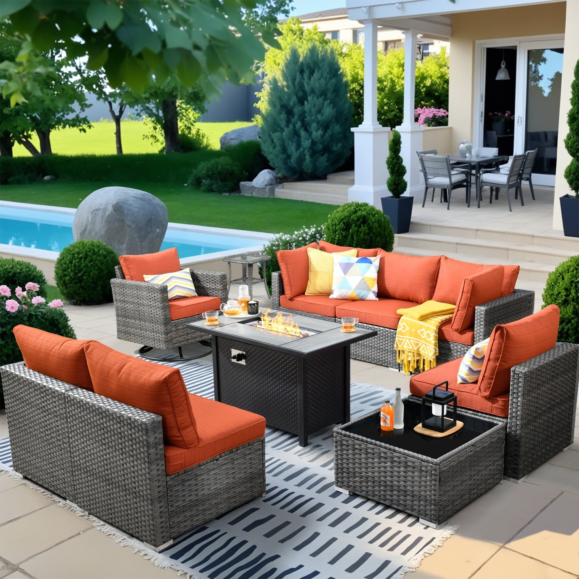 HOOOWOOO Ensemble de 10 canapés sectionnels en osier pour patio, pivotants et à bascule avec table pour foyer
