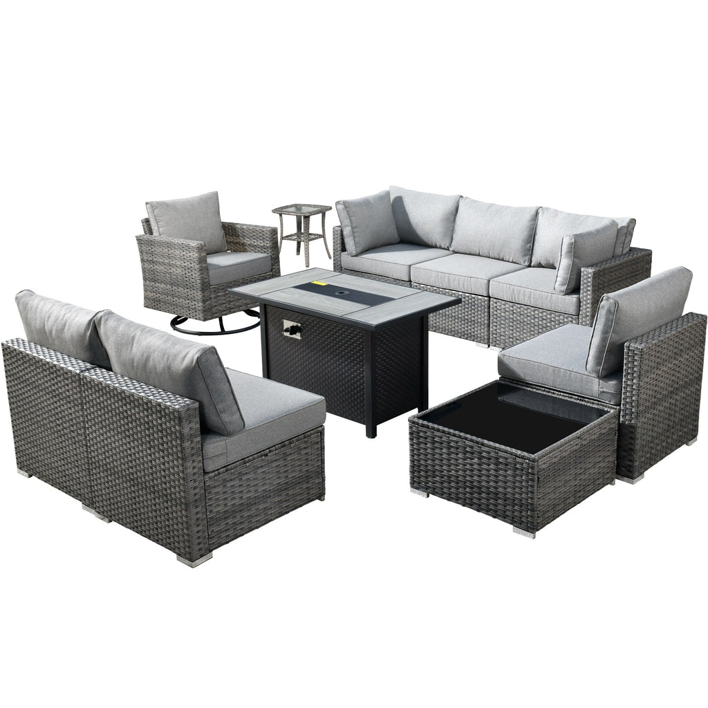 HOOOWOOO Ensemble de 10 canapés sectionnels en osier pour patio, pivotants et à bascule avec table pour foyer