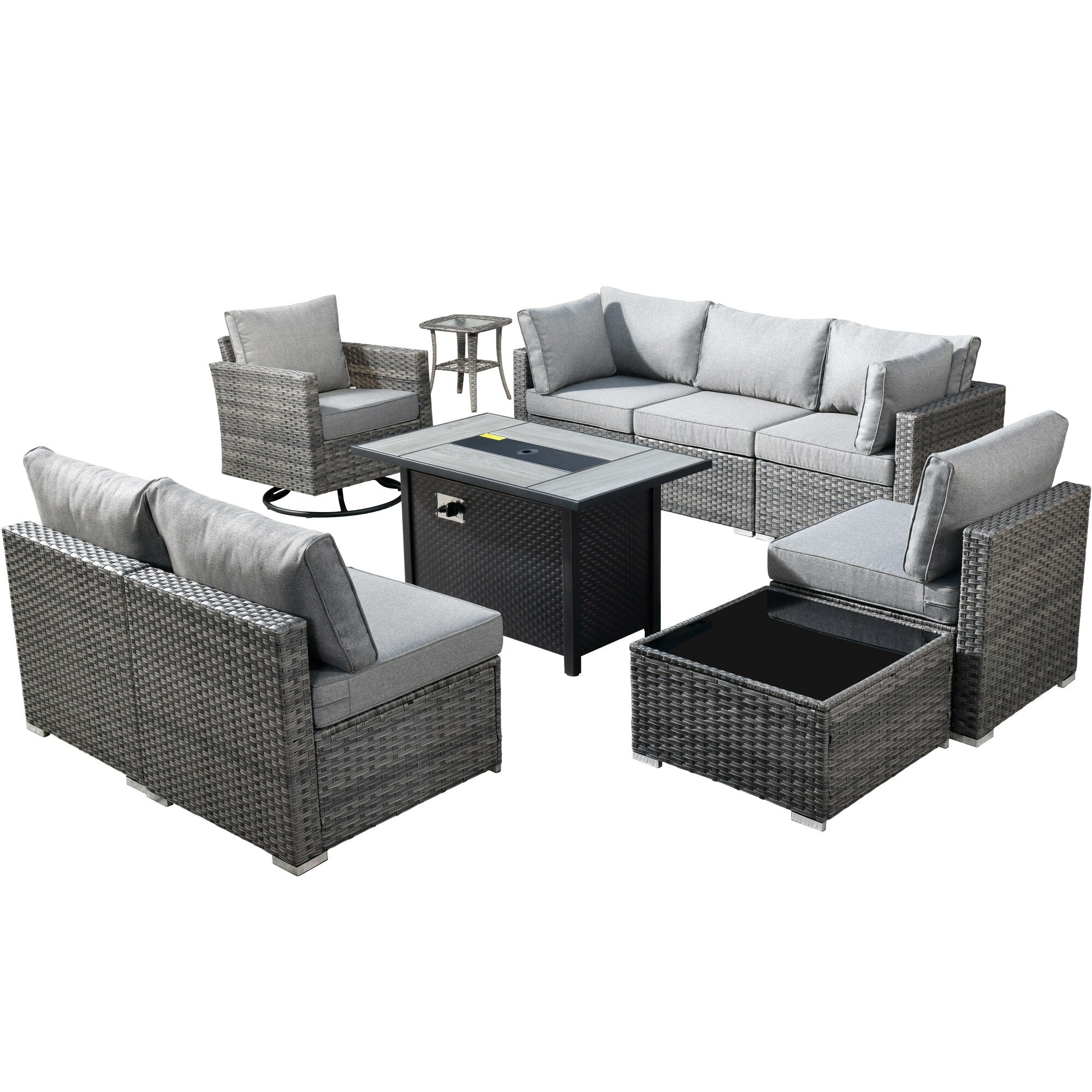 HOOOWOOO Ensemble de 10 canapés sectionnels en osier pour patio, pivotants et à bascule avec table pour foyer