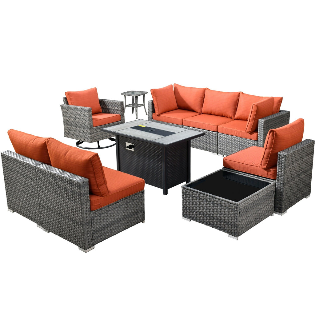 HOOOWOOO Ensemble de 10 canapés sectionnels en osier pour patio, pivotants et à bascule avec table pour foyer