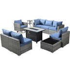 HOOOWOOO Ensemble de 10 canapés sectionnels en osier pour patio, pivotants et à bascule avec table pour foyer