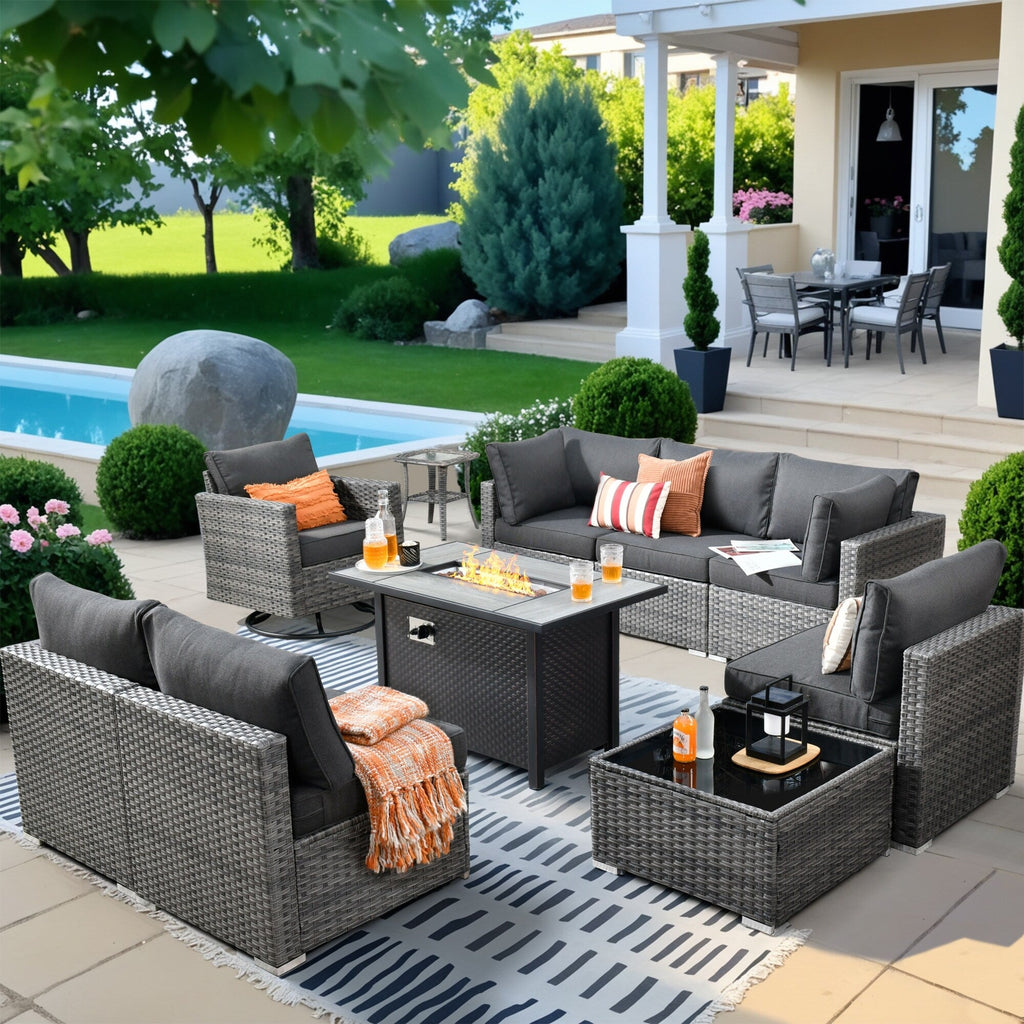 HOOOWOOO Ensemble de 10 canapés sectionnels en osier pour patio, pivotants et à bascule avec table pour foyer