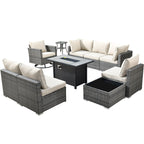 HOOOWOOO Ensemble de 10 canapés sectionnels en osier pour patio, pivotants et à bascule avec table pour foyer