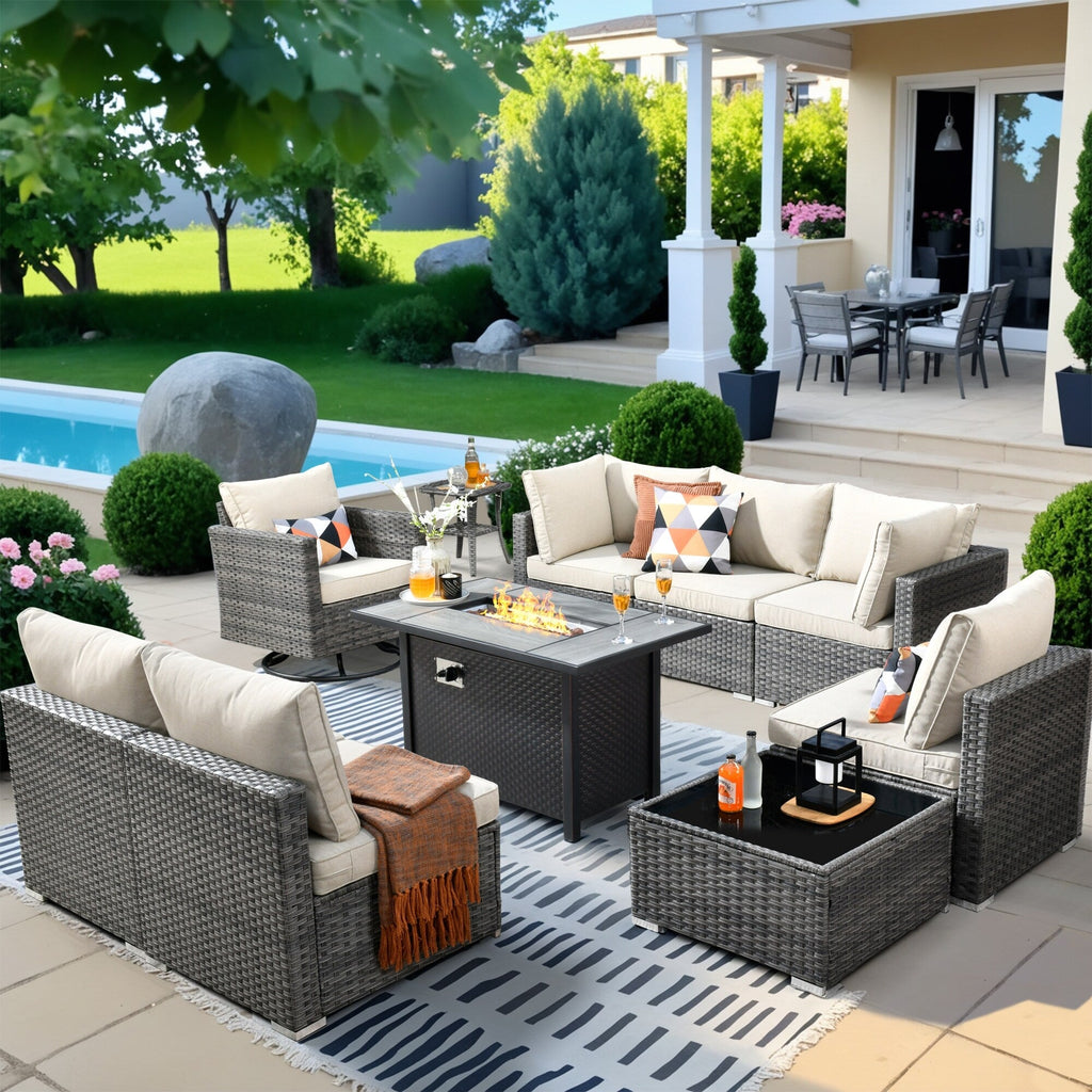 HOOOWOOO Ensemble de 10 canapés sectionnels en osier pour patio, pivotants et à bascule avec table pour foyer