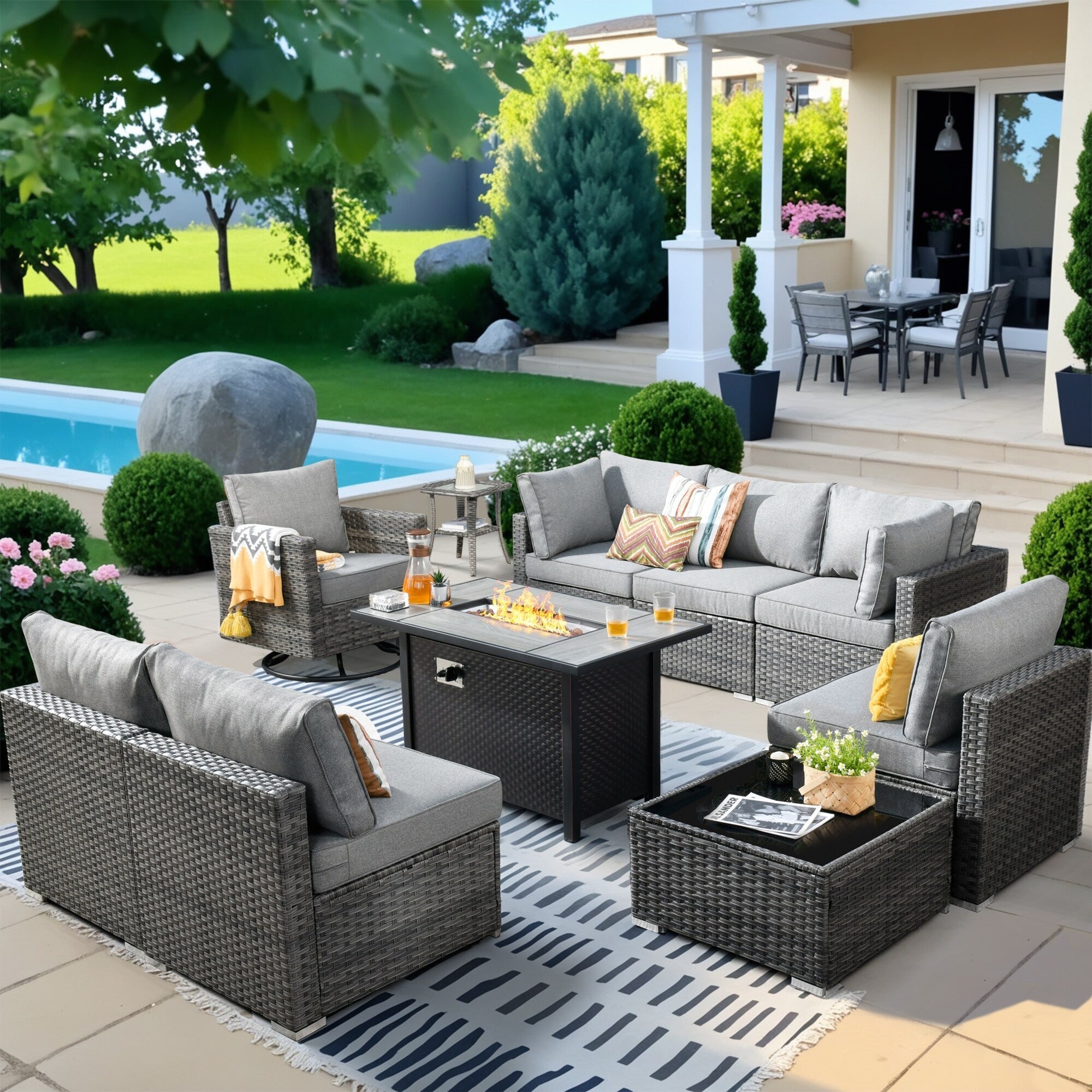 HOOOWOOO Ensemble de 10 canapés sectionnels en osier pour patio, pivotants et à bascule avec table pour foyer