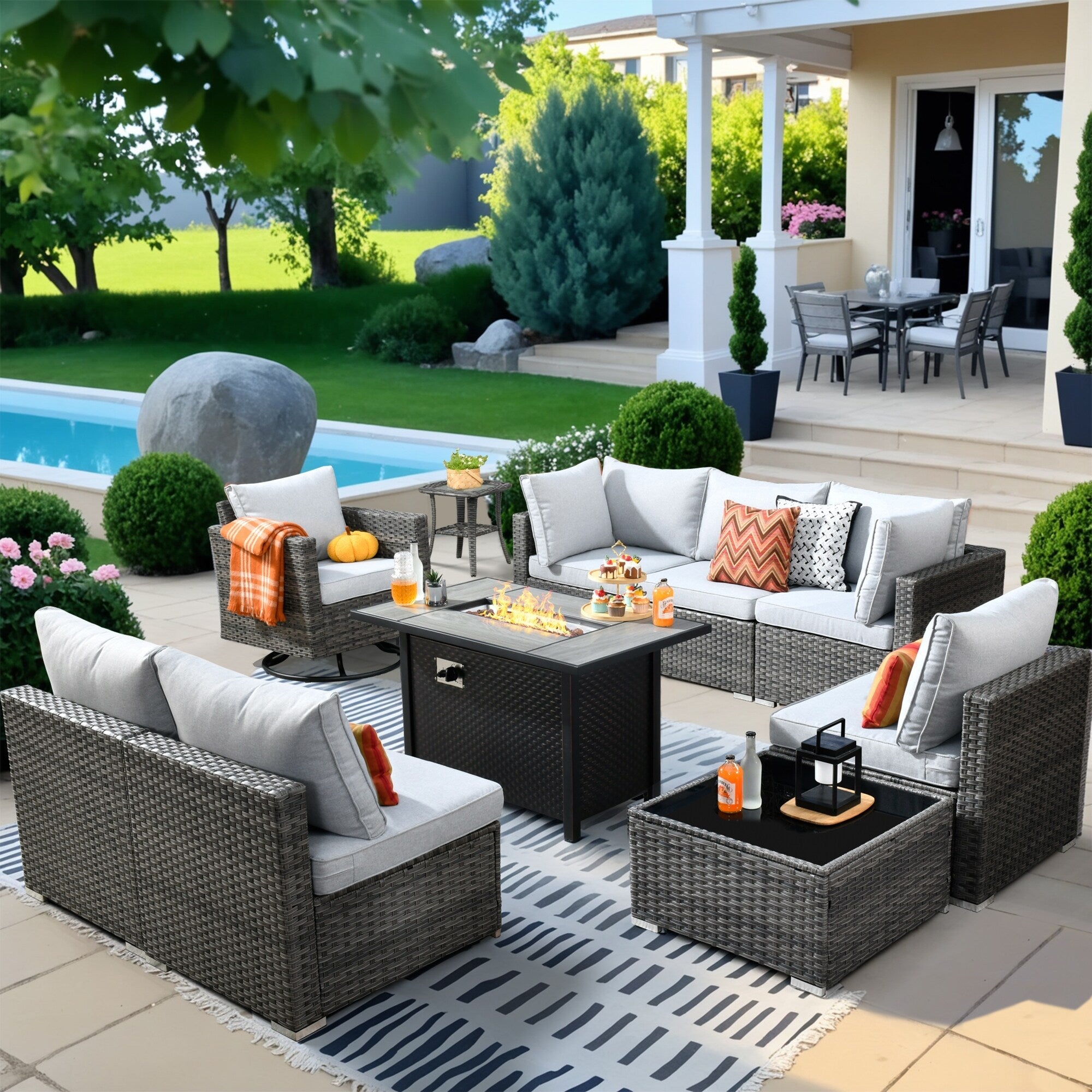 HOOOWOOO Ensemble de 10 canapés sectionnels en osier pour patio, pivotants et à bascule avec table pour foyer