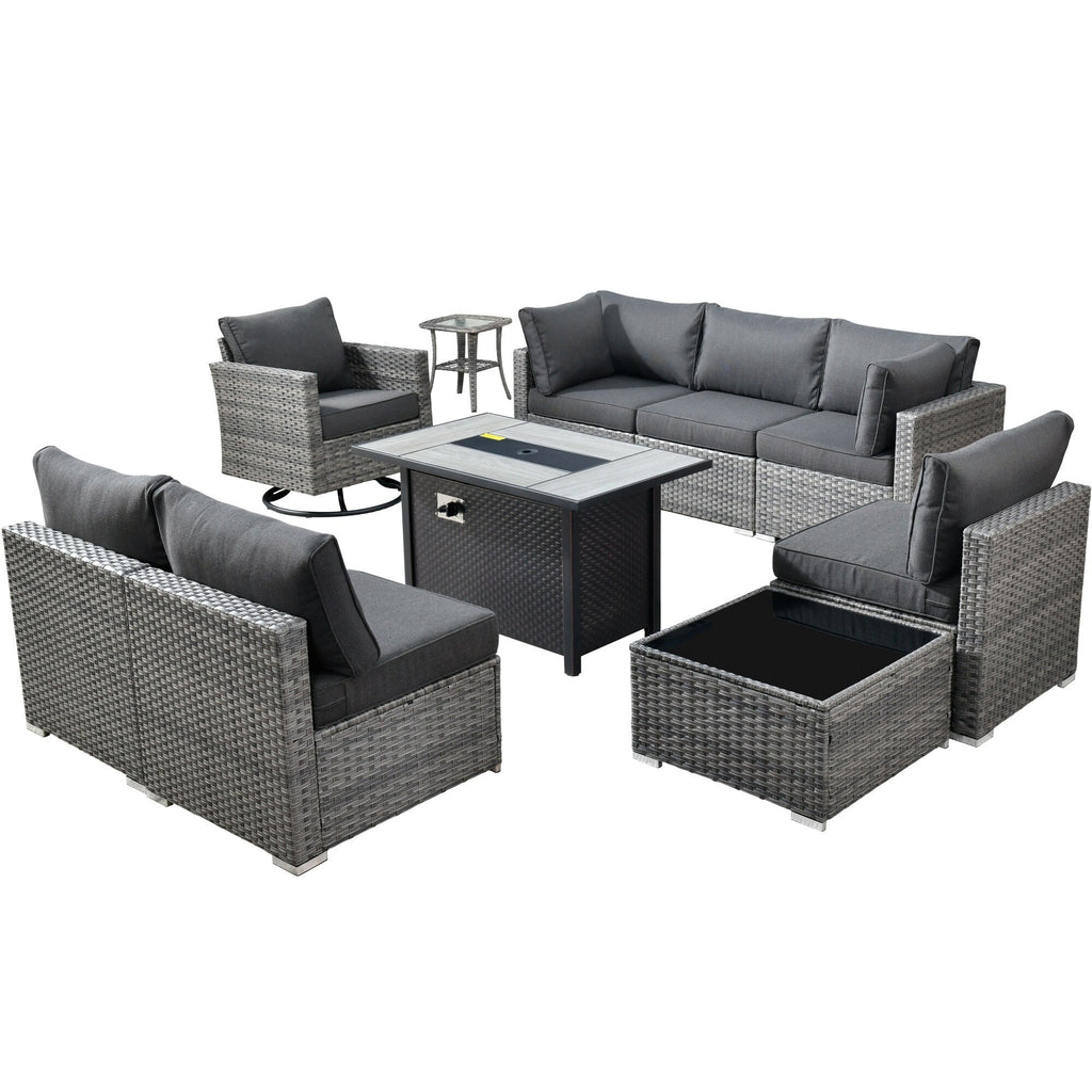 HOOOWOOO Ensemble de 10 canapés sectionnels en osier pour patio, pivotants et à bascule avec table pour foyer