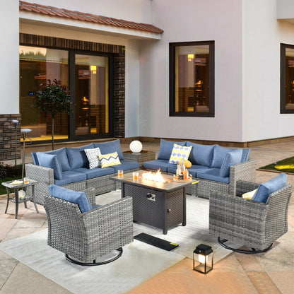 Ensemble de meubles d'extérieur en rotin et osier HOOOWOOO 11 pièces, chaises pivotantes avec foyer