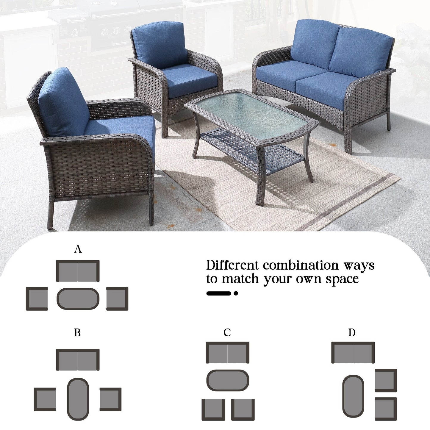 Ensemble de canapés d'extérieur HOOOWOOO 4 pièces en osier avec table basse en verre