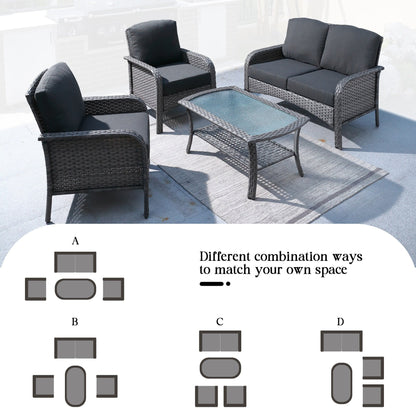 Ensemble de canapés d'extérieur HOOOWOOO 4 pièces en osier avec table basse en verre