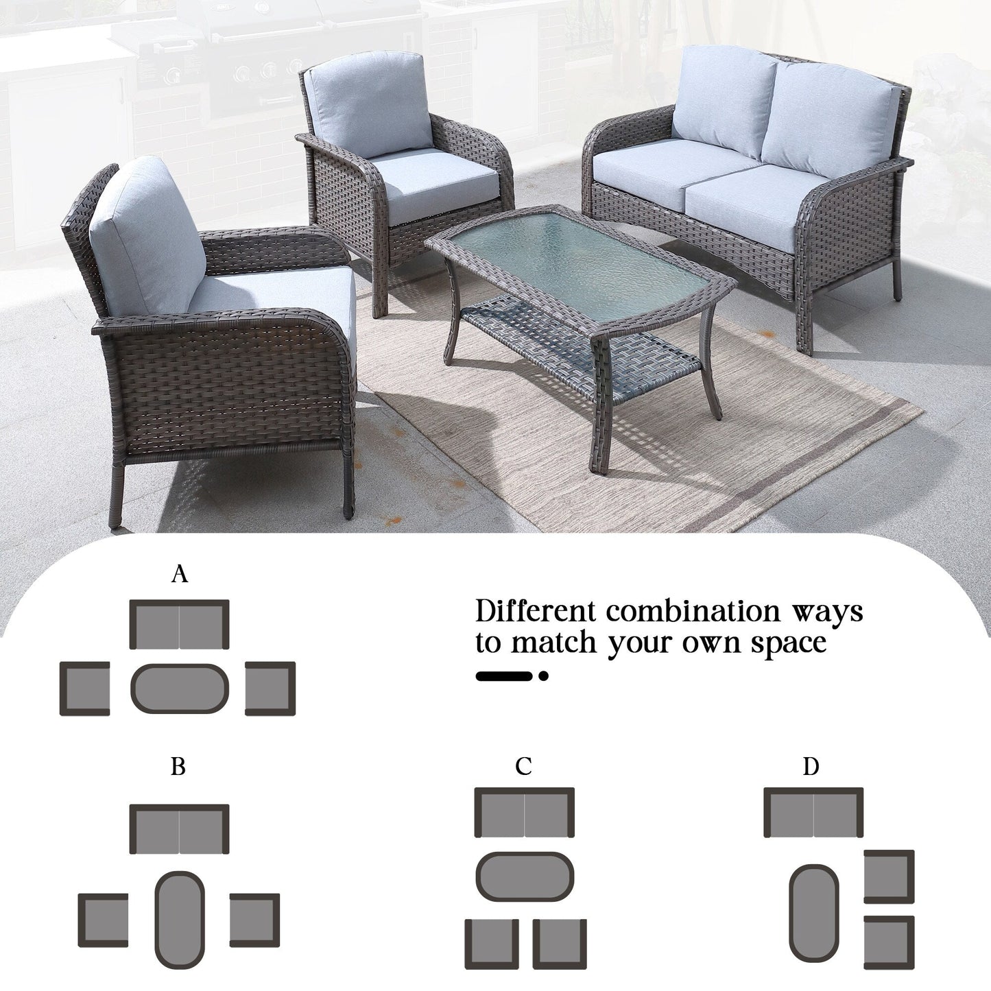 Ensemble de canapés d'extérieur HOOOWOOO 4 pièces en osier avec table basse en verre