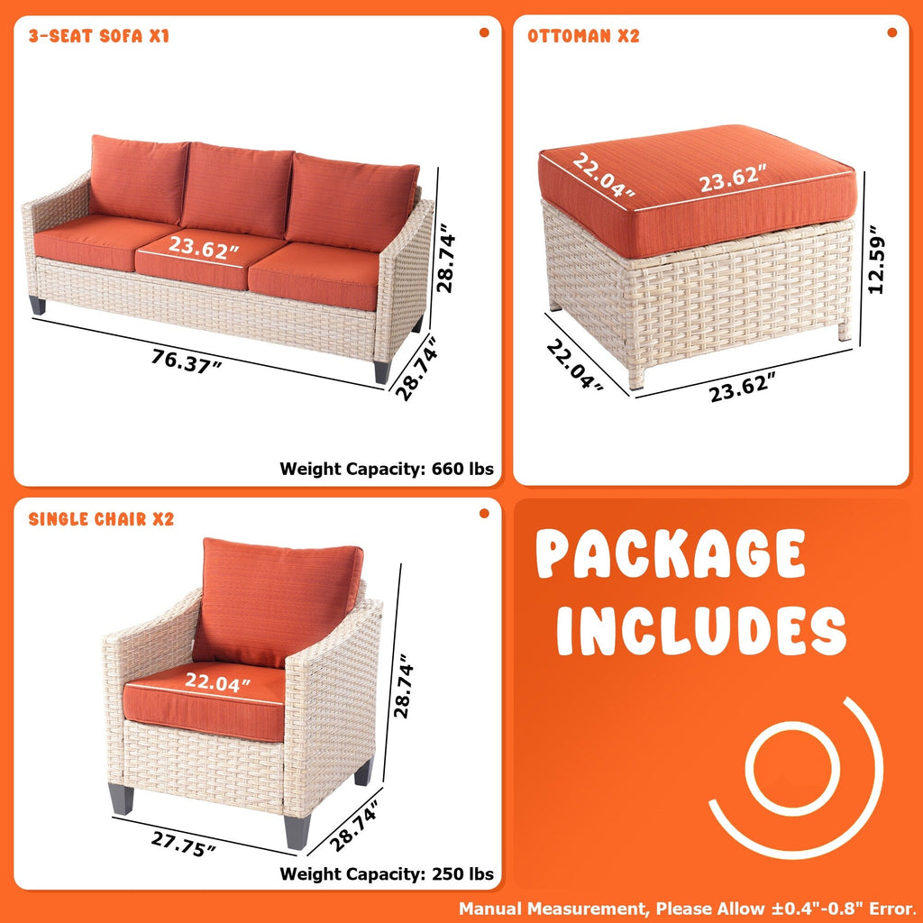Ensemble de conversation rembourré en osier 5 pièces pour patio extérieur HOOOWOOO