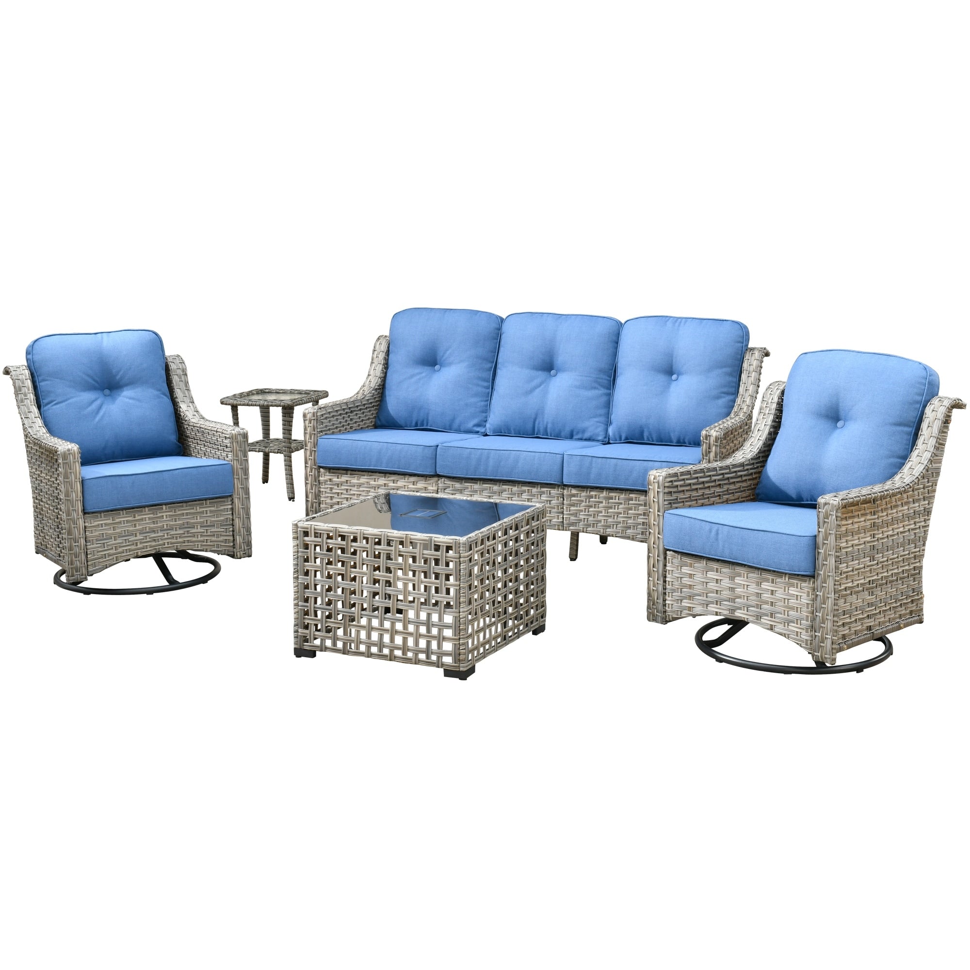 Ensemble de conversation d'extérieur HOOOWOOO 5 pièces en rotin avec chaise pivotante et table basse