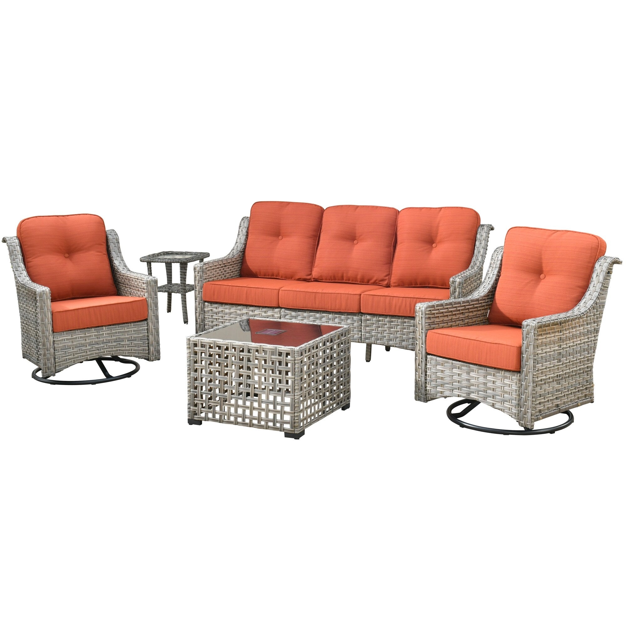 Ensemble de conversation d'extérieur HOOOWOOO 5 pièces en rotin avec chaise pivotante et table basse